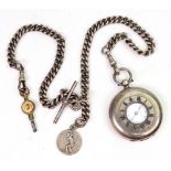 A silver cased half hunter key wind fob watch,