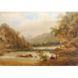 English school, 19th Century, Figures in a river landscape with mountains beyond,