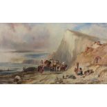 English School, 19th Century, Travellers on a coastal path, watercolour, 26.5 x 47cm.