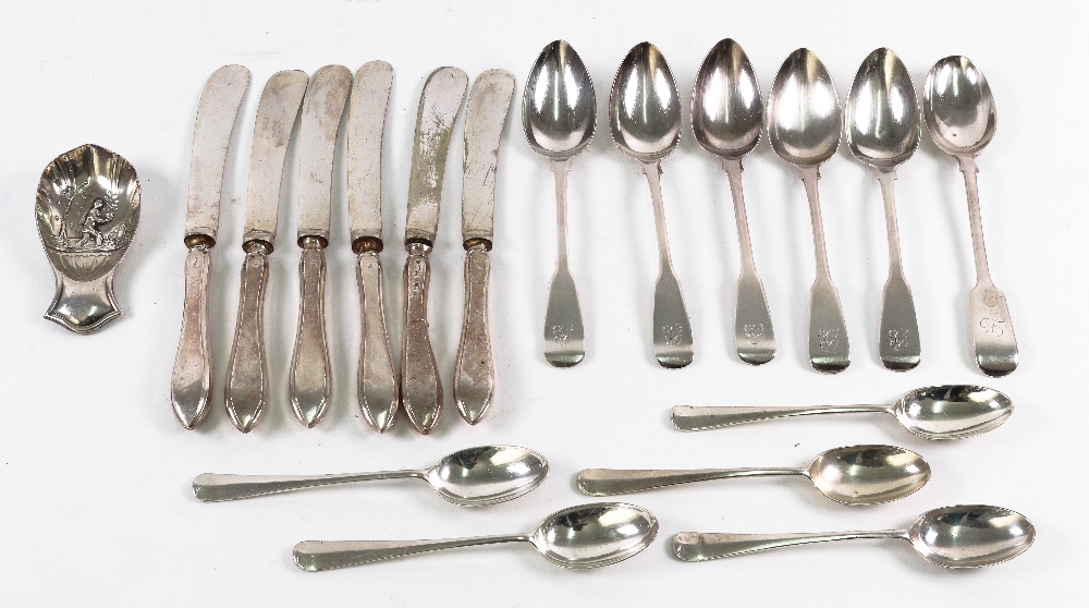 A set of five George III silver fiddle pattern teaspoons, London 1812, makers mark rubbed,