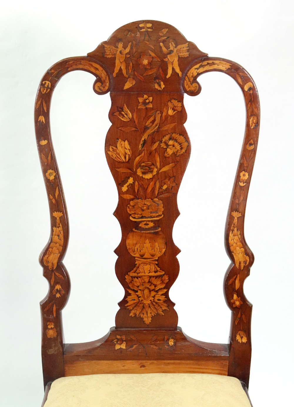 A pair of Dutch walnut floral, bird and figural marquetry dining chairs, 18th century, - Image 3 of 5
