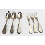 Two Russian silver tablespoons and three table forks, four 1896-1907, varying makers,