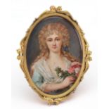 *** Lovitti, (European, 19th Century), A portrait miniature of a lady holding a posy of flowers,