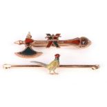 A gold and enamel 'pheasant' bar brooch, early 20th century,
