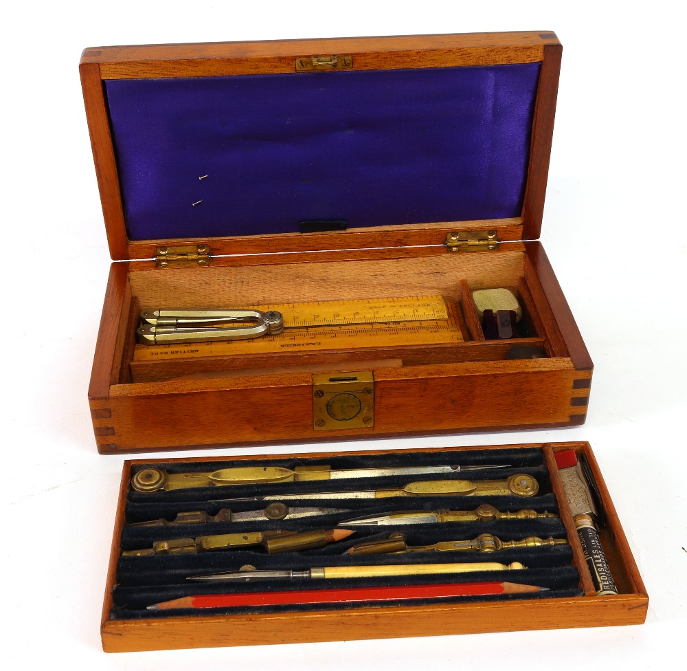 A mahogany campaign style box of brass, steel, wood and other drawing instruments, - Image 3 of 3