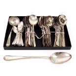 Old English pattern electroplate flatware, Mappin & Webb, 30 soup and 12 teaspoons, basting spoon,
