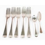 Five William IV and Victorian silver Old English pattern dessert forks, varying dates and makers,