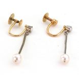 A pair of gold, white metal and pearl pendant earrings, early 20th century, screw fittings,