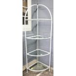 A modern white painted metal ropetwist frame corner four-tier display unit,