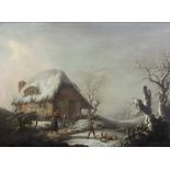 European School, 19th Century, Children playing in the snow outside a cottage, oil on canvas,