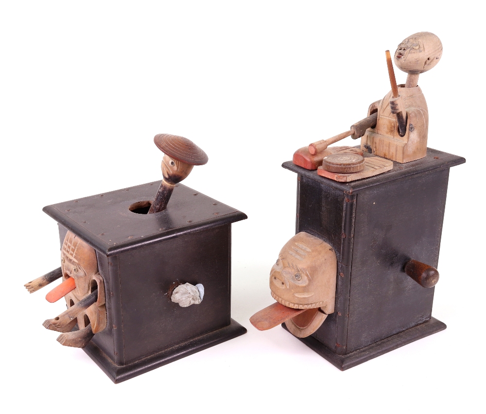 Two carved wooden Japanese Kobi toys; one with a man on top of a wooden box playing a drum, - Image 2 of 2