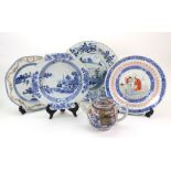 A Chinese blue and white Dish, Kangxi, painted in the centre with a figure fishing,