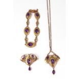 A gold and amethyst bracelet, early 20th century, with five oval mixed cut stones, stamped '9ct,