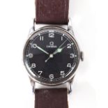 Omega; a stainless steel manual wind RAF issue wristwatch, circa 1950, signed black dial,