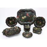 A collection of Victorian toleware, painted with birds,