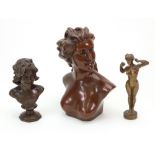 After Jef Lambeaux - a bronzed bust of a young lady, 23cm high, another smaller, 15cm high,