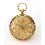 A William IV 18ct yellow gold open faced key wind pocket watch, engraved dial, Roman numerals,