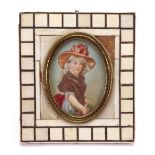 *** René (French, 19th Century), A portrait miniature of a girl wearing a hat with flowers,