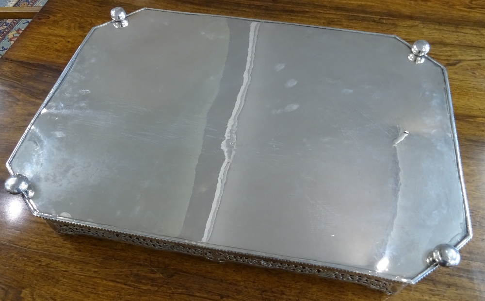 A late Victorian silver large cut cornered rectangular twin handled gallery tray, - Image 7 of 11