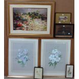 A group of assorted pictures and prints, including a pair of watercolours of floral subjects,