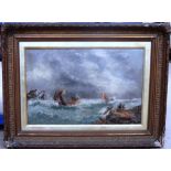 R. Taylor (19th century), Vessels in a squall off the coast, oil on canvas, signed, 39cm x 60cm.