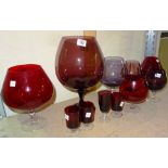 Glassware comprising, mainly 20th century oversized decorative coloured wine glasses, (qty).