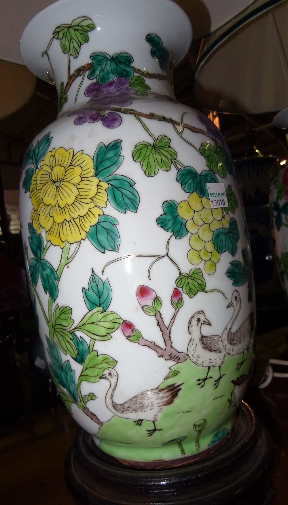 A pair of 20th century Asian style porcelain table lamps decorated with birds and flowers (56cm) - Image 2 of 6