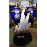 A pair of 20th century blue and gilt decorated Empire style table lamps and a mineral stalagmite