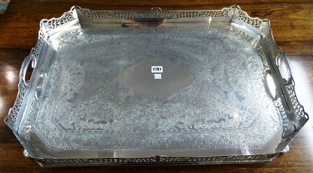 A late Victorian silver large cut cornered rectangular twin handled gallery tray, - Image 2 of 11