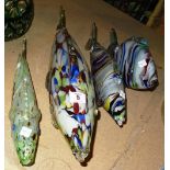 Four Murano style 20th century art glass figures of fish in varying sizes, the largest 54cm wide,