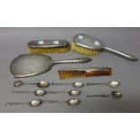 Silver and silver mounted wares, comprising; a four piece dressing set, consisting of a hand mirror,
