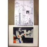 Continental School (20th century), Cubist figurative subject, colour etching,