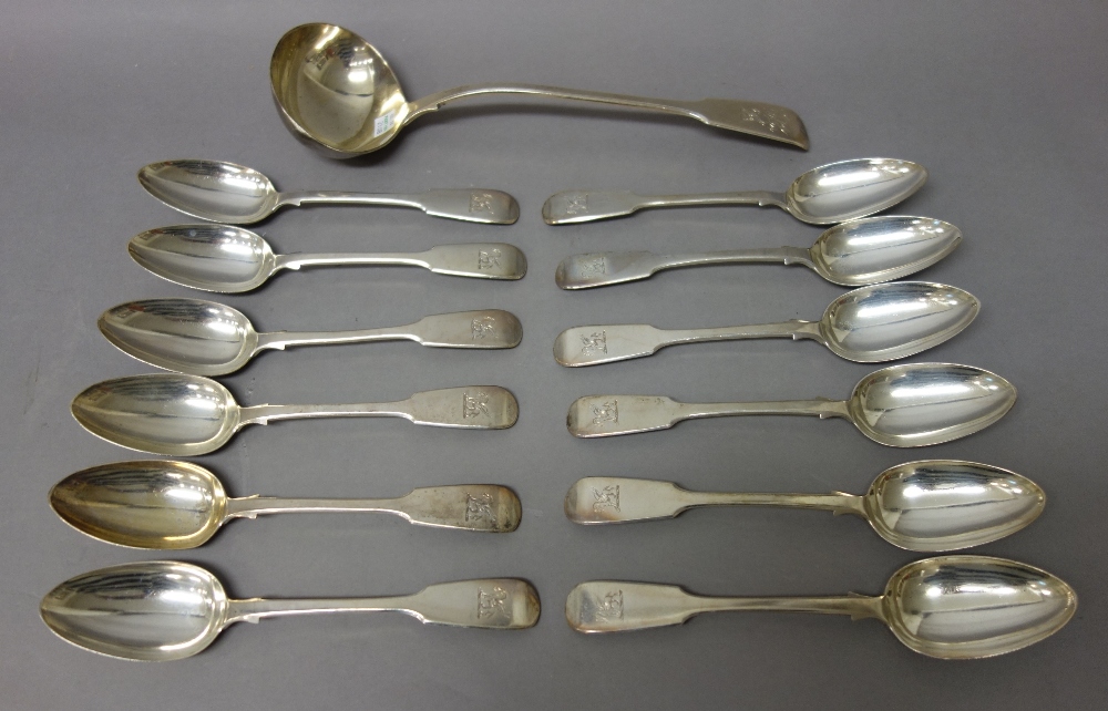 Silver fiddle pattern table flatware, comprising; twelve table forks, London 1827 and 1841,