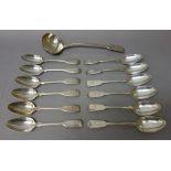 Silver fiddle pattern table flatware, comprising; twelve table forks, London 1827 and 1841,