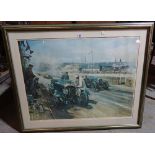 Terence Cuneo, 20th century print 'Bentleys at Le Mans', framed 99cm wide x 80cm high.