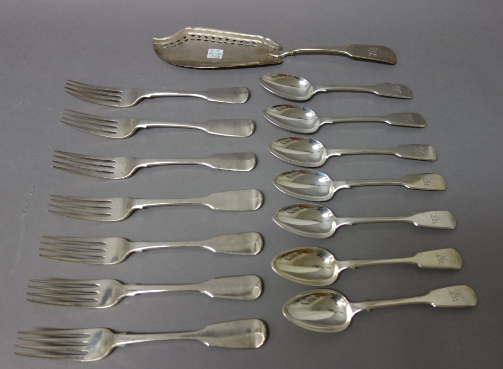 Silver fiddle pattern table flatware, comprising; twelve table forks, London 1827 and 1841, - Image 2 of 2