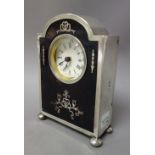 A silver and tortoiseshell mounted rear winding mantel clock,
