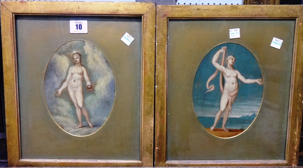 Continental School (20th century), Classical figures, a pair, oil on board, oval, each 17cm x 12cm.