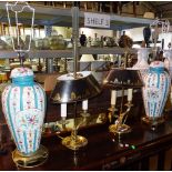 A pair of 20th century Paris porcelain style blue and floral decorated table lamps (47cm) and a