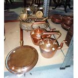 Copper and brass, including; a warming pan, two kettles, a coal bucket, wall sconce and sundry,