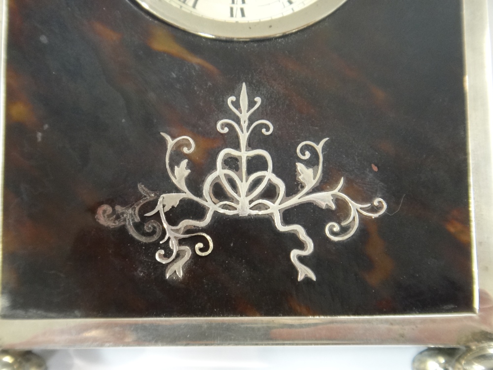 A silver and tortoiseshell mounted rear winding mantel clock, - Image 3 of 7