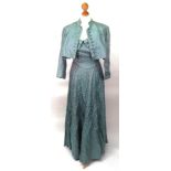 A blue and grey silk evening dress with