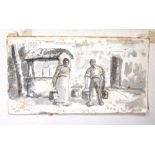 Attributed to Lucien Pissaro (1863-1944), Figures at a Well, watercolour, 8cm x 14cm.