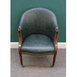 A 19th century mahogany tub bergere with brass studded green leather upholstery and serpentine seat