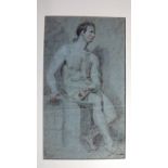 Attributed to William Etty (1787-1849), Male nude, chalks on grey paper, unframed, 35.5cm x 20.5cm.