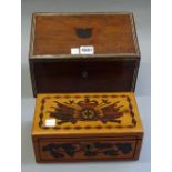 A 19th century inlaid mahogany slope front stationary box, 27cm wide,