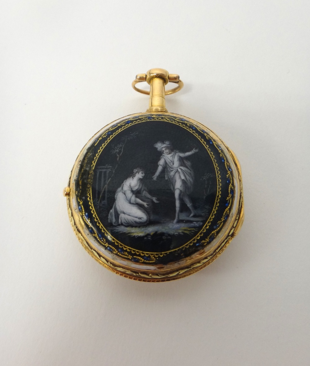 A gold cased and enamelled key wind, openfaced pocket watch, - Image 2 of 3