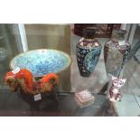 Ceramics, including; a pair of Japanese cloisonne vases, a Royal Crown Derby figure of a cat,