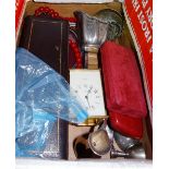 Silver plated items, including; flatware, a photo frame, a mantel clock and sundry, (qty).