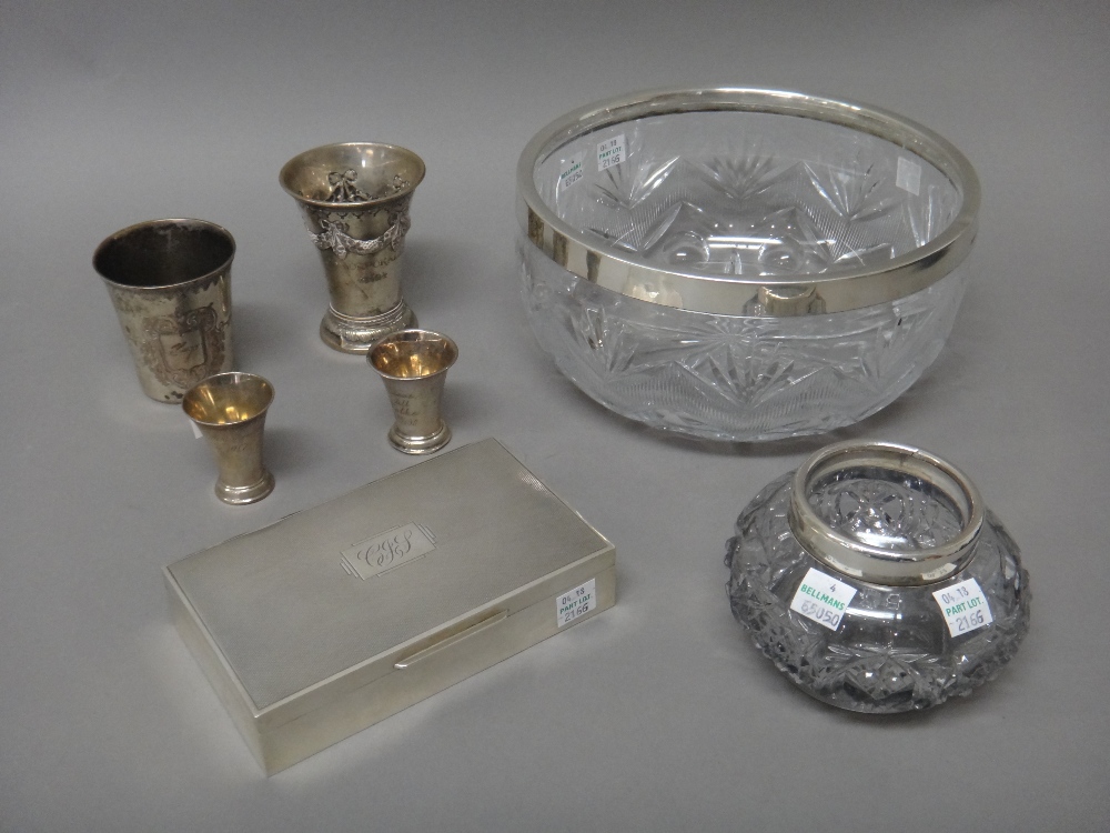 Silver and silver mounted wares, comprising; a rectangular table cigarette box, wooden lined within,